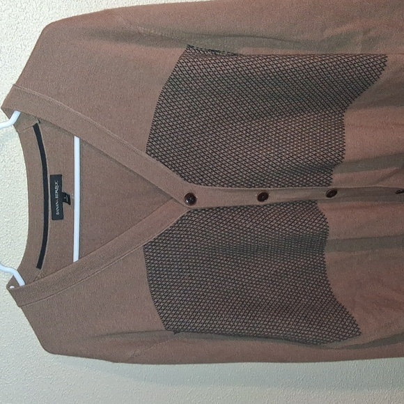 Banana Republic Wool Cotton Blend Tan Black Classic Cardigan L - Picture 2 of 7